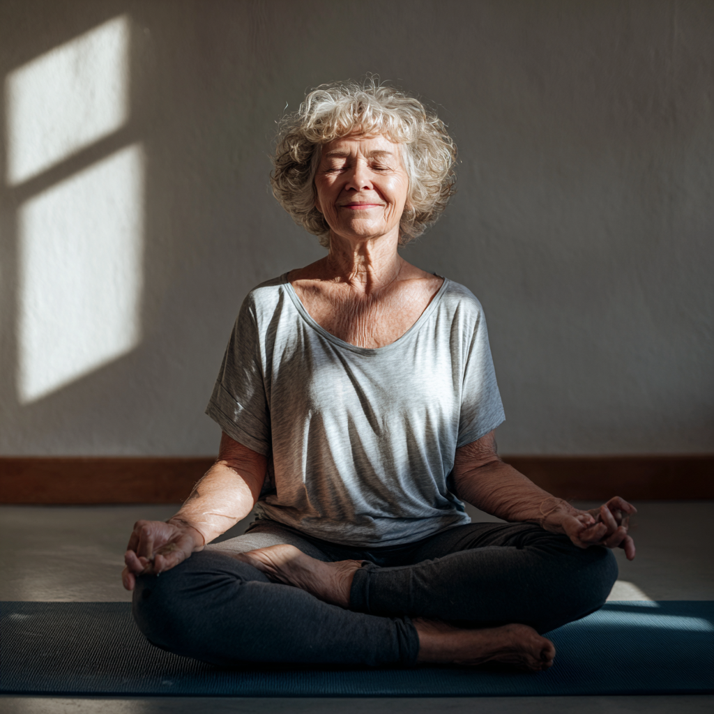 Усмихната жена на средна възраст от европейски произход, практикуваща йога в светла стая, облечена в удобни дрехи за йога, с мирно и щастливо изражение