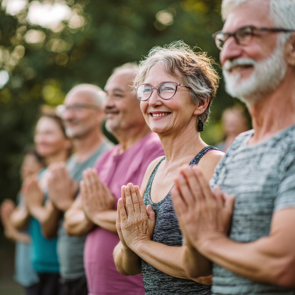 Група усмихнати хора от европейски произход на различна възраст, практикуващи йога на открито в парк, всички изглеждат щастливи и енергични