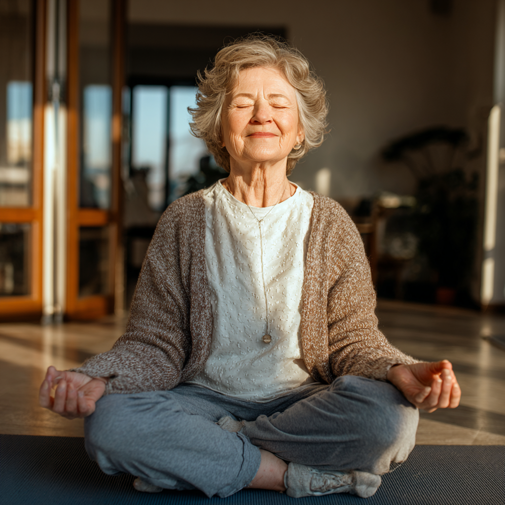 Възрастна усмихната жена от европейски произход в позиция за медитация, седнала на йога постелка в тиха стая с естествена светлина, изглежда спокойна и уравновесена
