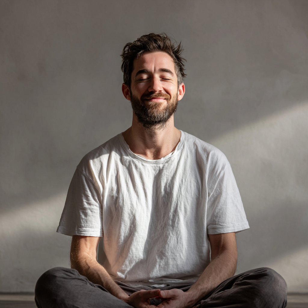 Млад мъж от европейски произход седи в медитативна поза с усмихнато и спокойно изражение, практикувайки дихателни техники в тиха обстановка със затворени очи